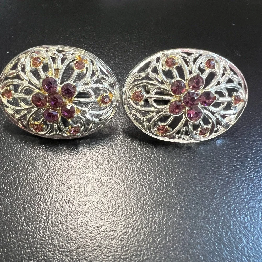 Vintage Silver Filigree Cufflinks Purple and Amber Rhinestones Oval Statement